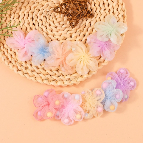 Handmade Mesh Flower DIY Accessories For Hair Clips Clothes Decor Sweet Gauze Flowers With Colorful Beads Craft Findings