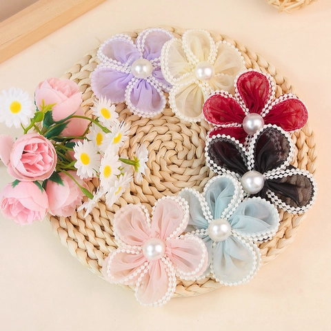 Handgemachte DIY Polyester Netzblume Mit Künstlicher Perle Für Kinder Haarschmuck Bekleidungsdekoration Nähzubehör