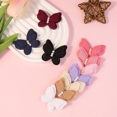 Butterfly Fabric Appliques Artificial Pearl Decor Embroidery Patch DIY Hair Accessories Clothing Decoration For Girls Kids
