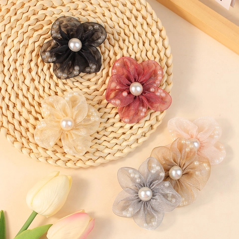 Handmade Mesh Flower Accessories With Artificial Pearl Elegant Fabric Flower For DIY Clothing Shoes Hair Jewelry Making