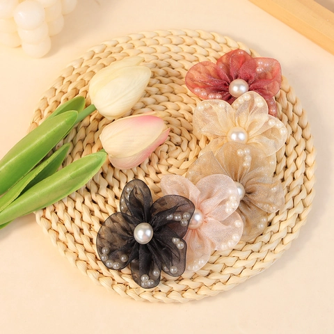 Handmade Mesh Flower Accessories With Artificial Pearl Elegant Fabric Flower For DIY Clothing Shoes Hair Jewelry Making