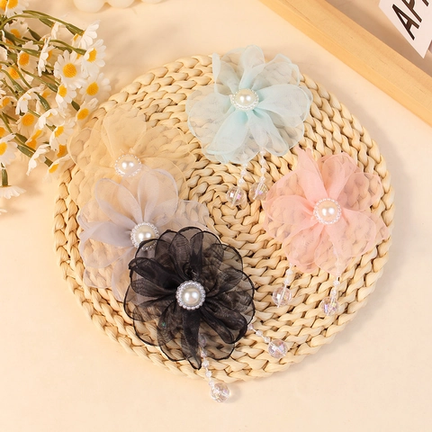 Handgemaakte DIY Mesh Bloem Accessoire Met Kunstparel Kwastje Chiffon Bloem Applicatie Voor Kleding Schoenen Tassen