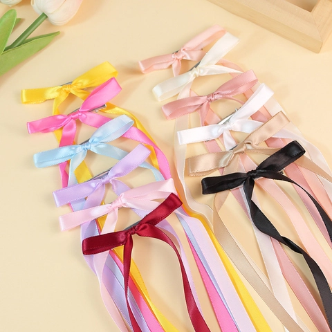 Balletcore Satin Ribbon Bow Hair Clip With Long Streamers Polyester Handmade Duckbill Clip Sweet Elegant Hair Accessories