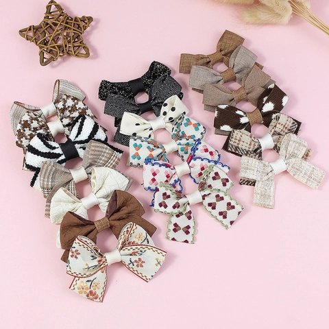 Handmade Polyester Bow Knot Accessories Floral Houndstooth Plaid Patterns For DIY Hair Clips Shoes Clothing Embellishments
