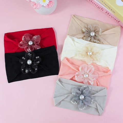Baby Elastic Headband With Mesh Flower And Faux Artificial Pearl Decoration Toddler Infant Hair Accessories Sweet Floral Headpiece