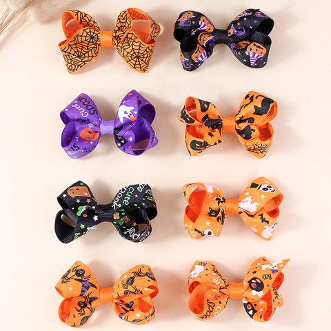 Halloween Schleife Haarklammern Für Kinder Süße Geist Kürbis Fledermaus Spinnennetz Muster Ripsband Entenschnabel Clips Haarschmuck