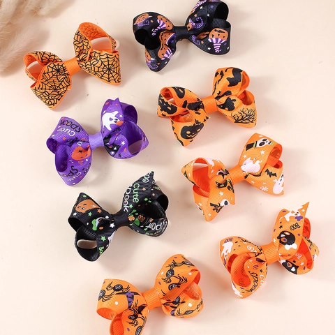 Halloween Schleife Haarklammern Für Kinder Süße Geist Kürbis Fledermaus Spinnennetz Muster Ripsband Entenschnabel Clips Haarschmuck