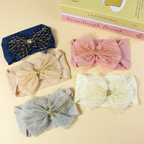 Baby Elastic Headband With Large Mesh Bow Gold Sequins Stretchy Nylon Hair Band For Infants Toddlers Hair Accessories