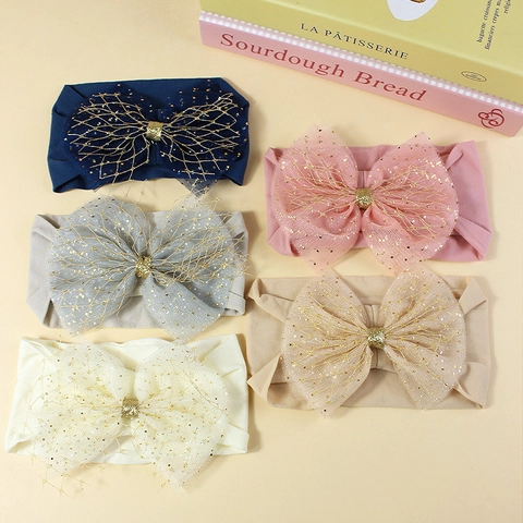 Baby Elastic Headband With Large Mesh Bow Gold Sequins Stretchy Nylon Hair Band For Infants Toddlers Hair Accessories