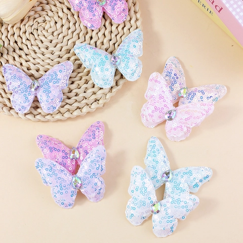 Double Layer Sequin Butterfly DIY Patch For Hair Accessories Clothing Decoration With Rhinestone Embellishment For Kids