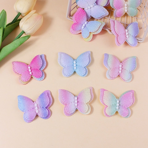 Iridescent Gradient Double Layer Butterfly DIY Accessories Glitter Cloth Decoration With Artificial Pearl For Clothing Bags
