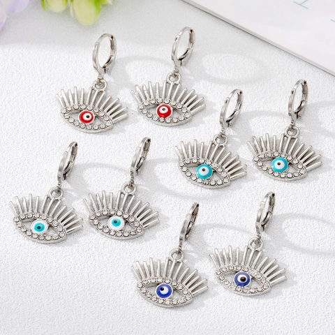 Alloy Evil Eye Pendant Earrings Rhinestone Hollow Eyelash Design Hoop Earrings For Women Bohemian Vintage Jewelry Gift