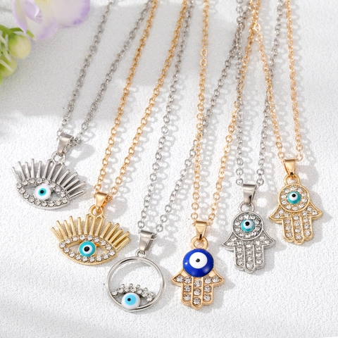 Vintage Böses Auge Hand der Fatima Anhänger Halskette Legierung Strass Emaille Ethnisch Schutz Schmuck Für Damen Alltag Party