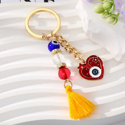 Boho Böser Blick Herz Schlüsselanhänger Vergoldet Legierung Quaste Anhänger Strass Emaille Tasche Charme Damen Vintage Schmuck