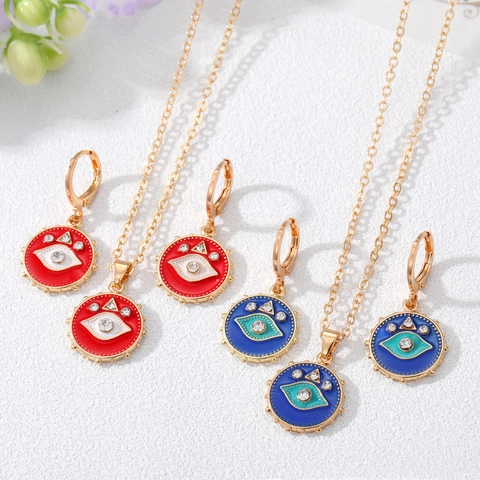 Vintage Legierung Böses Auge Schmuckset Für Damen Emaille Strass Halskette Runde Creolen Boho Geometrisches Schmuckset