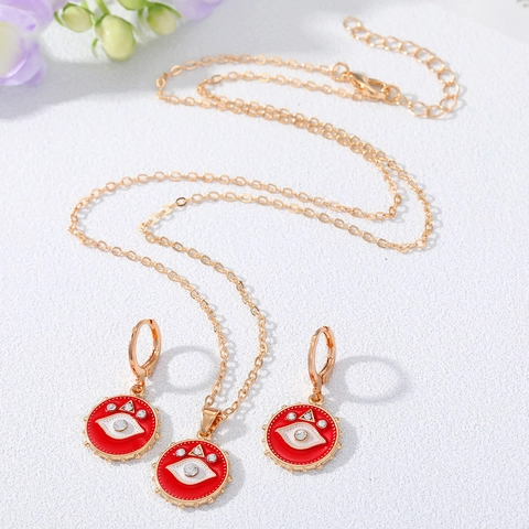 Vintage Legierung Böses Auge Schmuckset Für Damen Emaille Strass Halskette Runde Creolen Boho Geometrisches Schmuckset