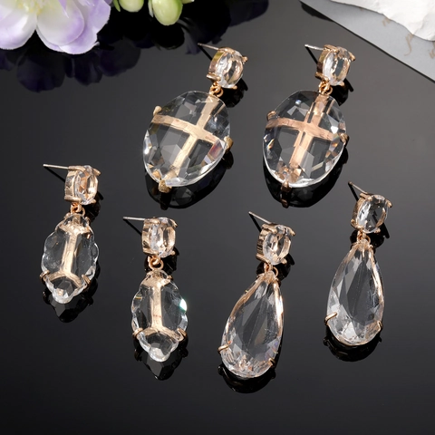 Boucles d'Oreilles Pendantes Croix en Résine Cristal Alliage Plaqué Or Facettées Goutte d'Eau Bijoux Élégants Femme