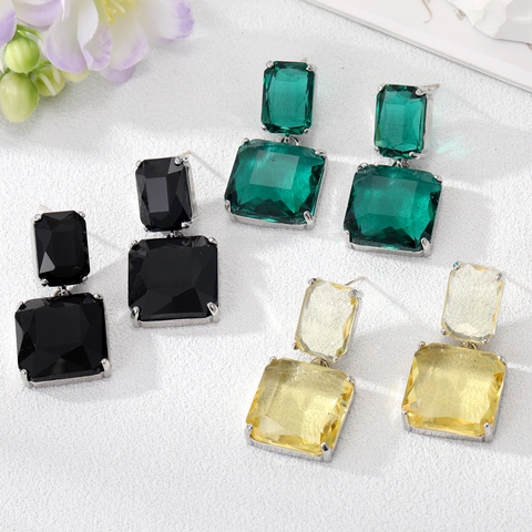 Pendientes De Gota Vintage De Doble Cuadrado Geométrico Para Mujer Joyas Elegantes De Aleación De Cristal Artificial