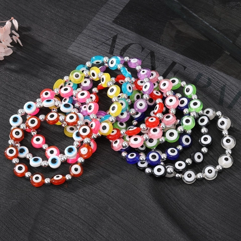 Bracelet Bohème en Perles Mauvais Œil en Résine Avec Perles d'Espacement en Alliage Argenté pour Femme Vintage Ethnique Bracelet Élastique Bijoux