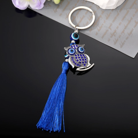 Porte-clés Hibou Ethnique Vintage avec Frange en Strass Nazar Pendentif Animal pour Sac à Main Bijou Boho pour Femmes