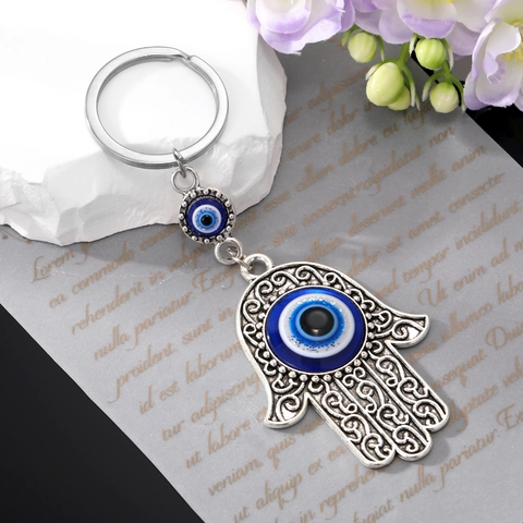 Vintage Silber Hand Der Fatima Schlüsselanhänger Blauer Böser Blick Taschenanhänger Ethno-Stil Schützendes Amulett Schlüsselanhänger Geschenk