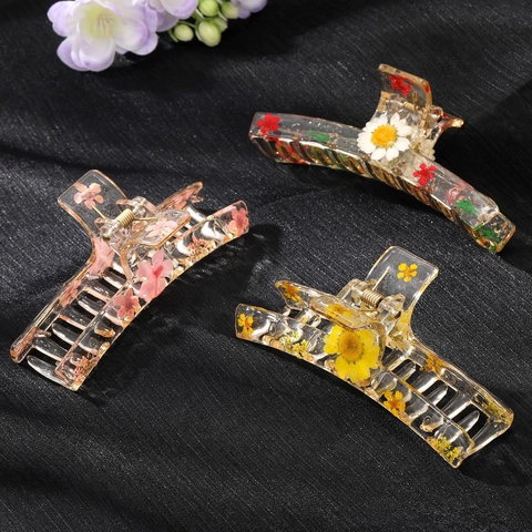 Handgefertigte Transparente Harz Trockenblume Haarkralle Für Damen Gänseblümchen Floral Pastoral Stil Große Haarklammer Haarschmuck