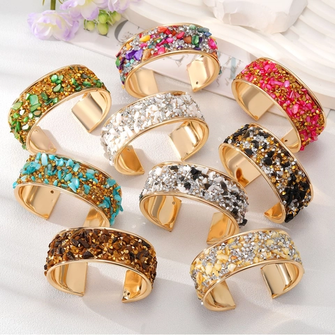 Bohemian Ethnic Style Wide Cuff Bangle Bracelet For Women Vintage Gold Plated Alloy Colorful Stone Rhinestone Inlaid Open Bangle Jewelry Gift
