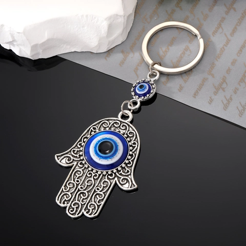 Vintage Silber Hand Der Fatima Schlüsselanhänger Blauer Böser Blick Taschenanhänger Ethno-Stil Schützendes Amulett Schlüsselanhänger Geschenk
