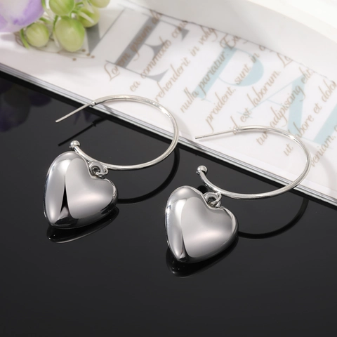 Pendientes de Aro con Colgante de Corazón de Aleación Vintage para Mujer Plata Pulido Espejo Pendientes de Corazón 3D