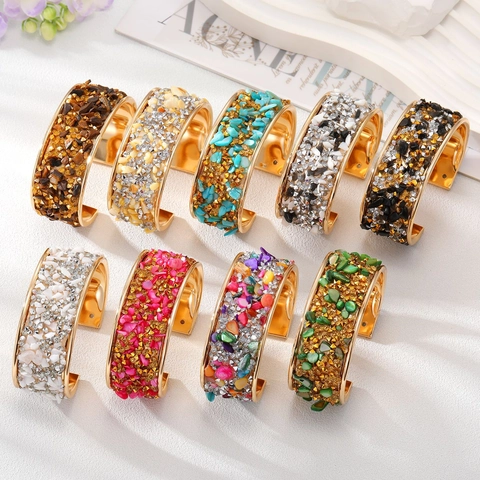 Bohemian Ethnic Style Wide Cuff Bangle Bracelet For Women Vintage Gold Plated Alloy Colorful Stone Rhinestone Inlaid Open Bangle Jewelry Gift
