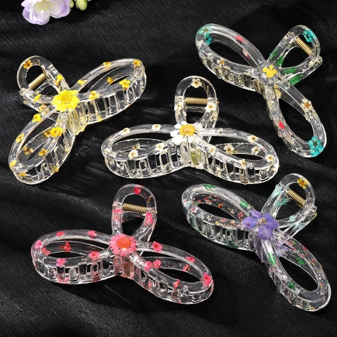 Transparente Epoxidharz Haifisch-Haarspange Mit Echten Trockenblumen Koreanischer Stil Große Sonnenblume Haarkralle Für Damen Süßer Blumenschmuck