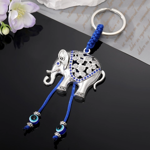 Portachiavi Vintage in Lega con Elefante Svuotato e Strass Malocchio Nappa Blu Ciondolo Animale Amuleto Decorazione per Borsa
