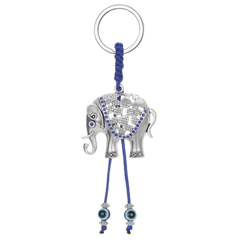 Portachiavi Vintage in Lega con Elefante Svuotato e Strass Malocchio Nappa Blu Ciondolo Animale Amuleto Decorazione per Borsa