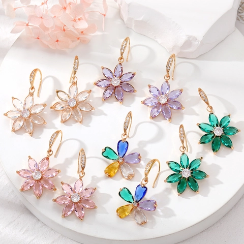 Pendientes de Gancho de Flor de Cristal Estilo Coreano Aleación Chapada en Oro Zirconia para Mujer Joyería Floral de Boda