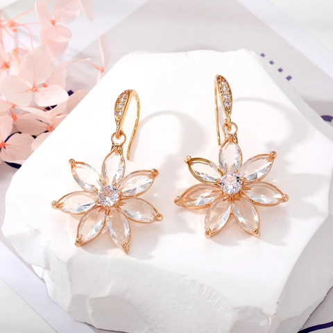 Pendientes de Gancho de Flor de Cristal Estilo Coreano Aleación Chapada en Oro Zirconia para Mujer Joyería Floral de Boda