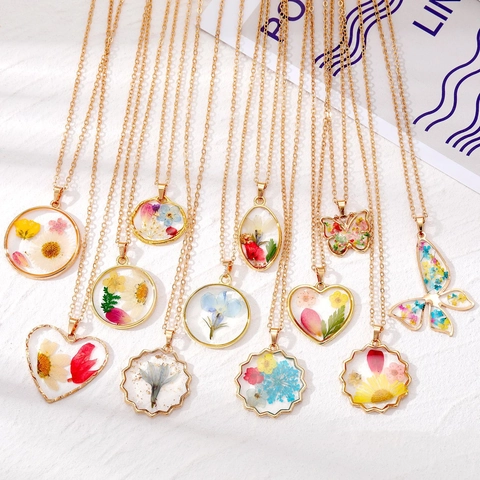 Collier Pendentif Vraies Fleurs Séchées Bohème Résine Transparent Papillon Géométrique Floral Chaîne Or Bijoux Pour Femmes