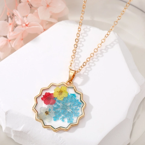 Collier Pendentif Vraies Fleurs Séchées Bohème Résine Transparent Papillon Géométrique Floral Chaîne Or Bijoux Pour Femmes