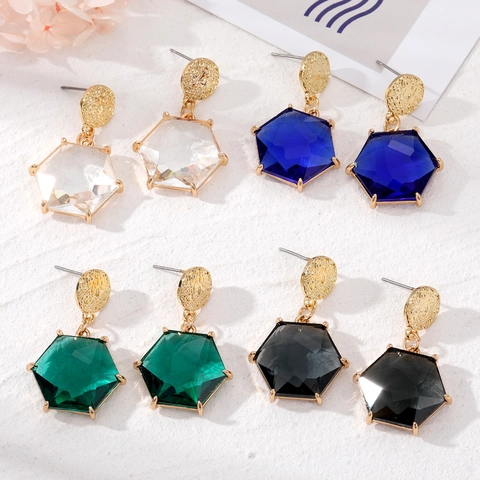 Retro Alloy Hexagon Artificial Crystal Dangle Earrings For Women Gold Hammered Texture Geometric Party Jewelry Accessories