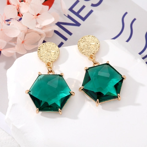 Retro Alloy Hexagon Artificial Crystal Dangle Earrings For Women Gold Hammered Texture Geometric Party Jewelry Accessories