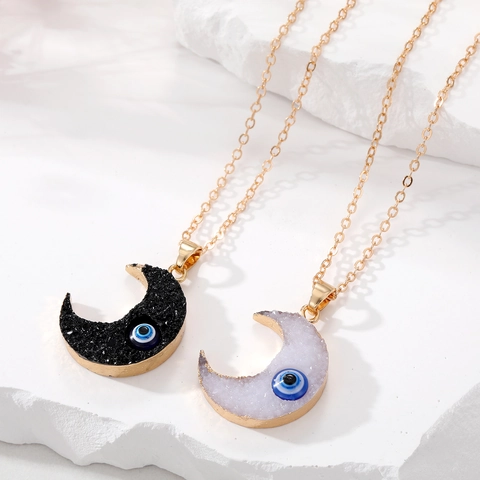 Boho Vintage Mond Anhänger Halskette Mit Kunstharz Drusen Textur Böser Blick Nazar Charm Goldene Kette Für Damen Ethno Schmuck