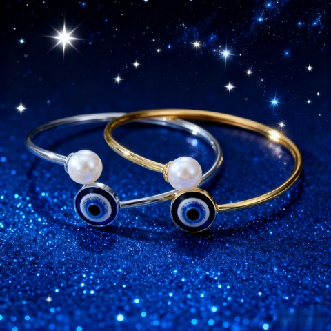 Bracciale Aperto con Perla Artificial e Malocchio Turco in Rame Placcato Oro Argento Regolabile Etnico Gioielli Donna