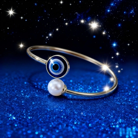Bracciale Aperto con Perla Artificial e Malocchio Turco in Rame Placcato Oro Argento Regolabile Etnico Gioielli Donna