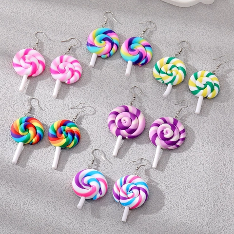 Cute Colorful Rainbow Lollipop Drop Earrings For Women Girls Sweet Spiral Polymer Clay Candy Dangle Jewelry Accessory Gift