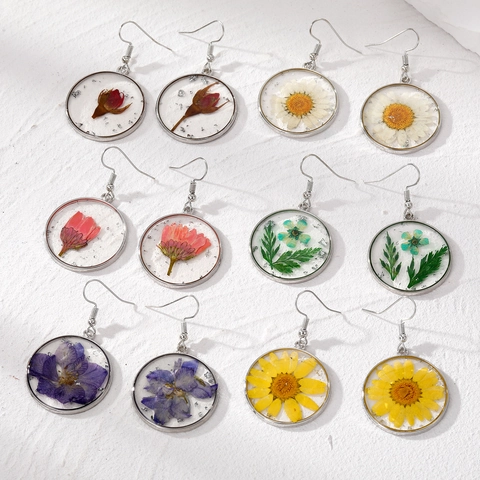 Handgemaakte Natuurlijke Echte Droogbloem Hars Hangende Oorbellen Voor Vrouwen Vintage Rond Transparant Botanische Sieraden Zilverfolie