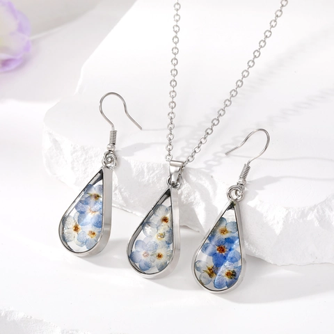 Handmade Resin Real Dried Flower Necklace And Earrings Jewelry Teardrop Alloy Flower Botanical Pendant For Women Pastoral Jewelry