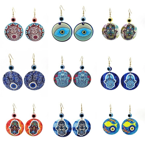 Vintage Etnisch Hand Van Fatima Boze Oog Oorbellen Voor Vrouwen Boheems Acryl Legering Kleurrijk Geschilderd Sieraden