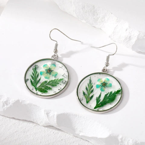 Handgemaakte Natuurlijke Echte Droogbloem Hars Hangende Oorbellen Voor Vrouwen Vintage Rond Transparant Botanische Sieraden Zilverfolie
