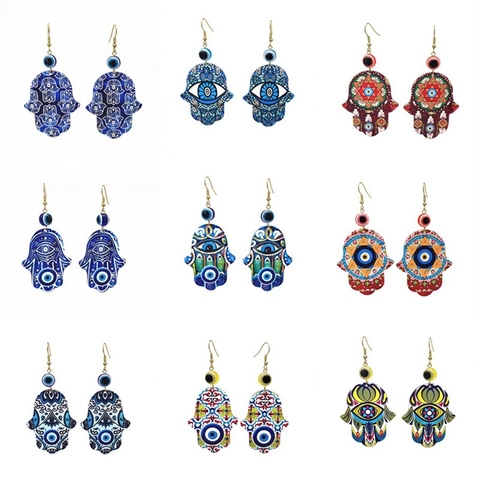 Vintage Hamsa Hand Evil Eye Drop Earrings For Women Acrylic Ethnic Bohemian Painted Pattern Gold Hook Jewelry Gift