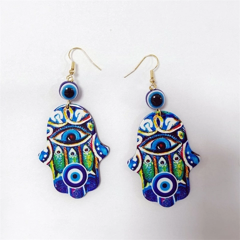 Vintage Hamsa Hand Evil Eye Drop Earrings For Women Acrylic Ethnic Bohemian Painted Pattern Gold Hook Jewelry Gift