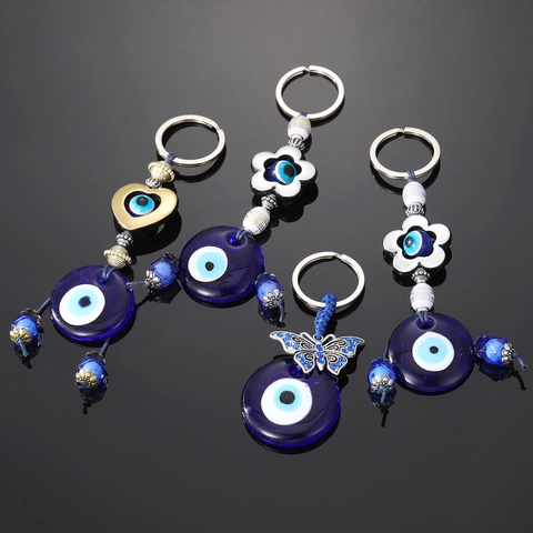 Tribale Etnische Stijl Boze Oog Sleutelhanger Glas Legering Vintage Hart Vlinder Bloem Nazar Tas Hanger Voor Vrouwen